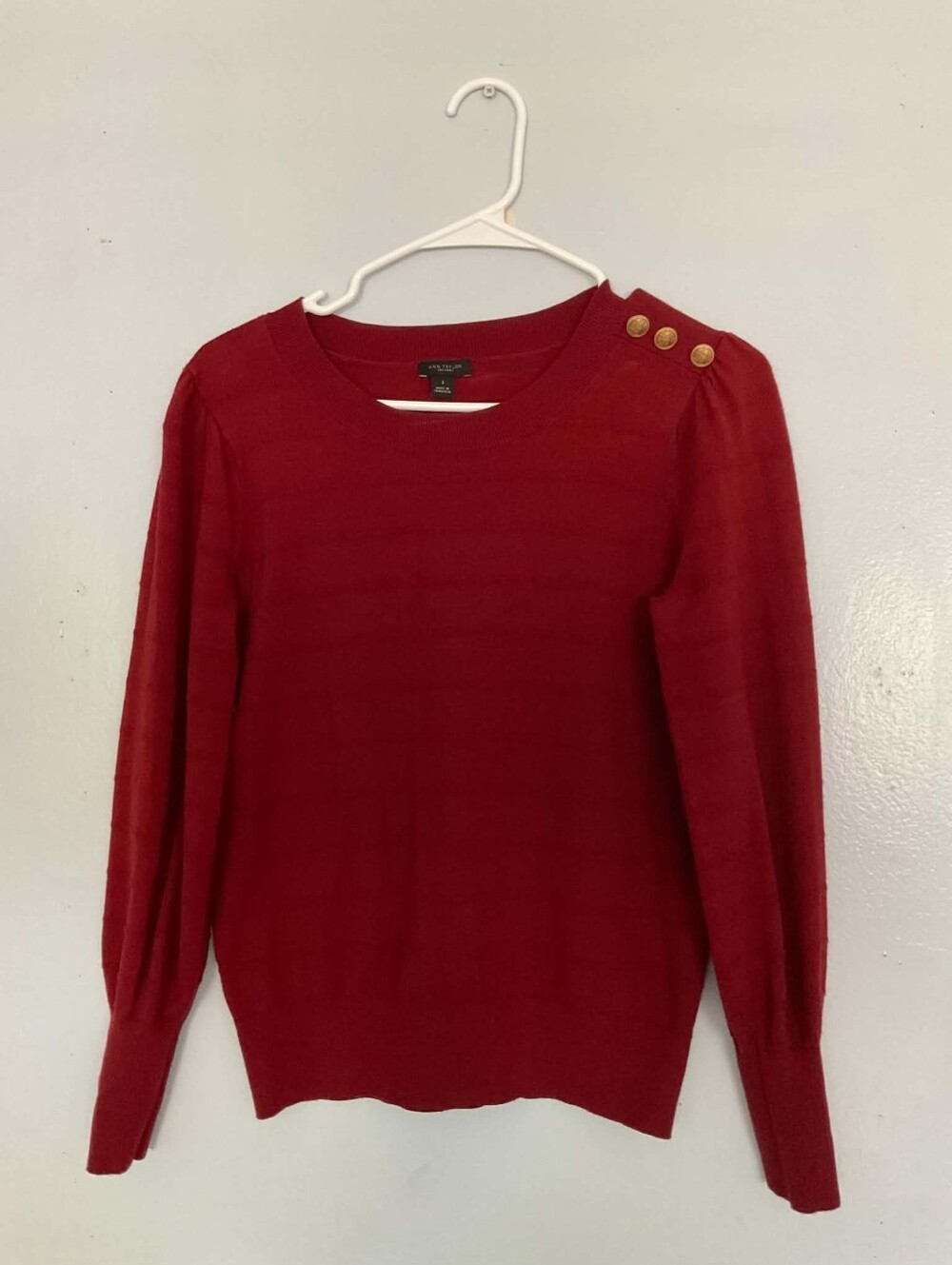 Ann Taylor Crimson Crew Sweater with Gold Shoulder Buttons